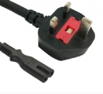 英國電源線 (UK電源) 帶保險絲，注塑式大英插頭，IEC 60320 C7八字尾插座電源線, 定制長度，BSI1363A，ASTA認證